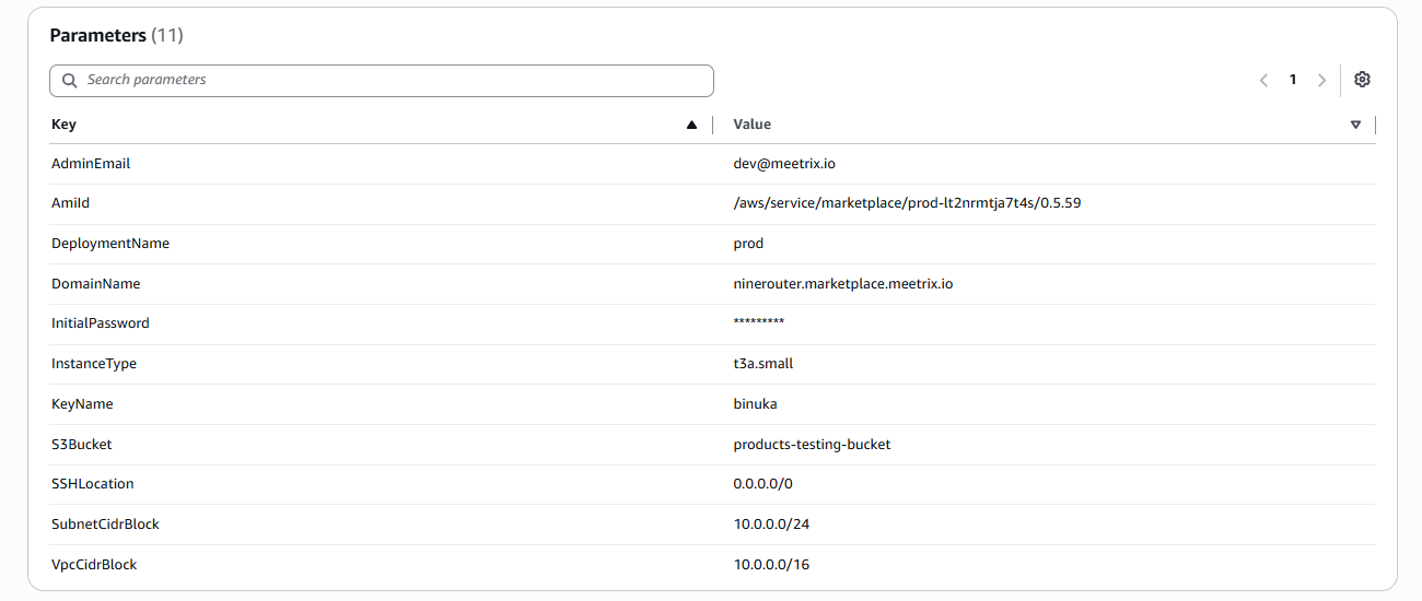 CloudFormation Parameters tab listing the 11 9Router stack parameters including AdminEmail, AmiId, DeploymentName, DomainName, InitialPassword, InstanceType set to t3a.small, KeyName, and S3Bucket