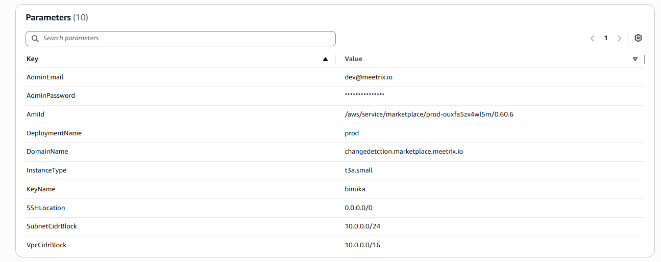CloudFormation review page listing the changedetection.io stack parameters, including AdminEmail, DomainName and InstanceType
