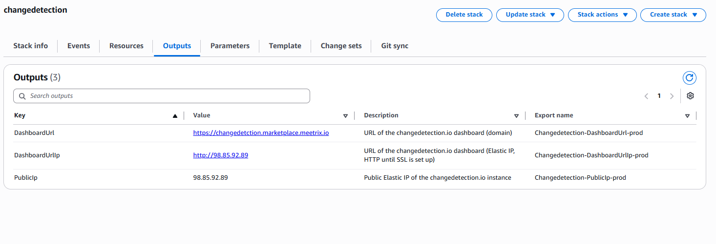 Outputs tab of the completed changedetection.io stack showing DashboardUrl, DashboardUrlIp and PublicIp
