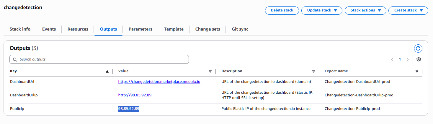 PublicIp value highlighted in the CloudFormation Outputs tab
