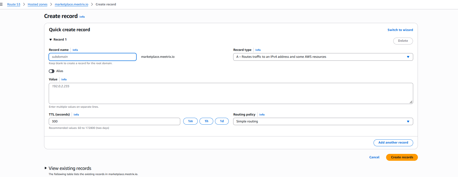 Route 53 quick create record form with an A record for the changedetection.io subdomain