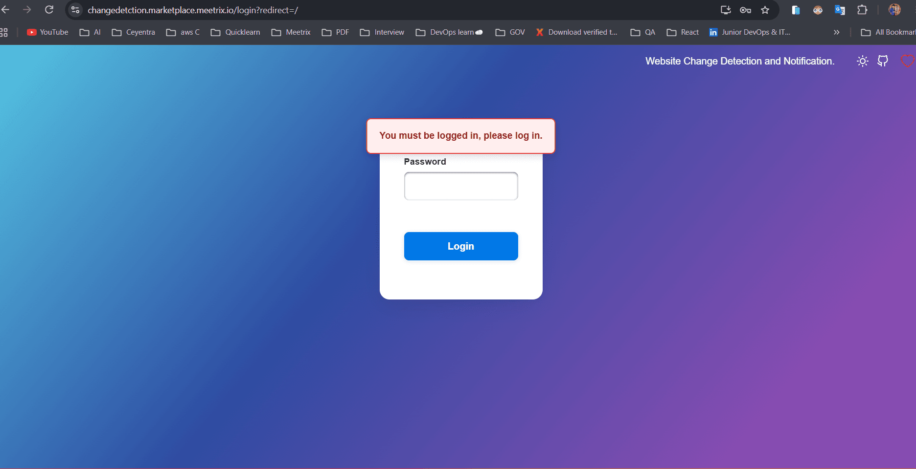 changedetection.io login page asking for the admin password