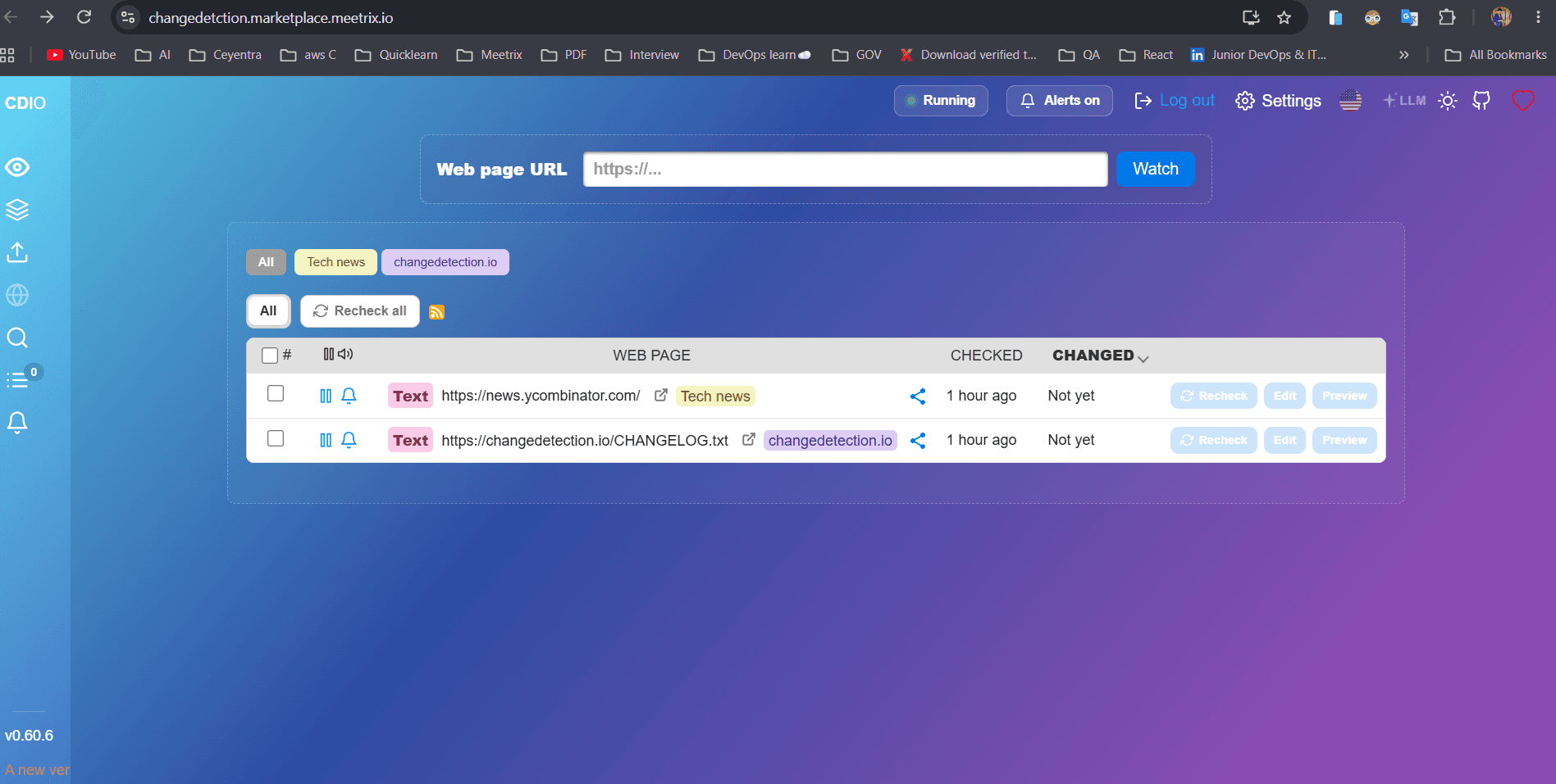 changedetection.io dashboard with the Web page URL field and two watched pages grouped by tag