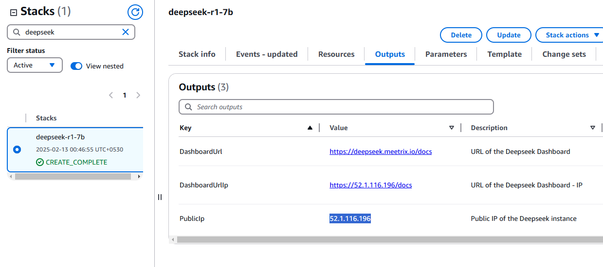 PublicIp value in the CloudFormation Outputs tab