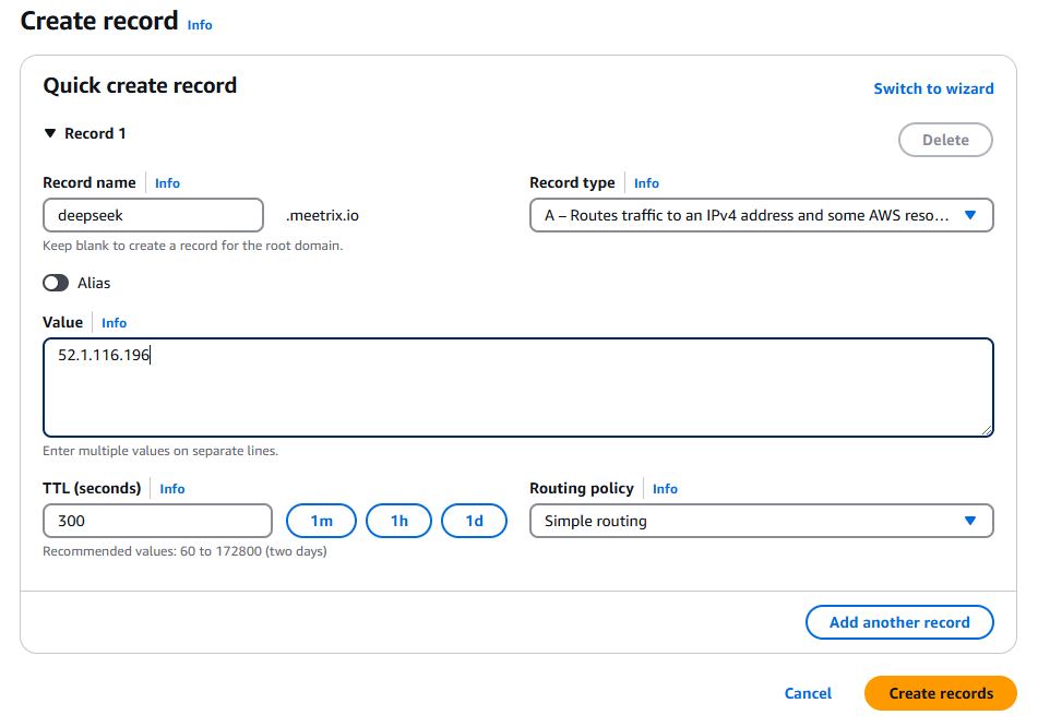 Create record button in the Route 53 hosted zone