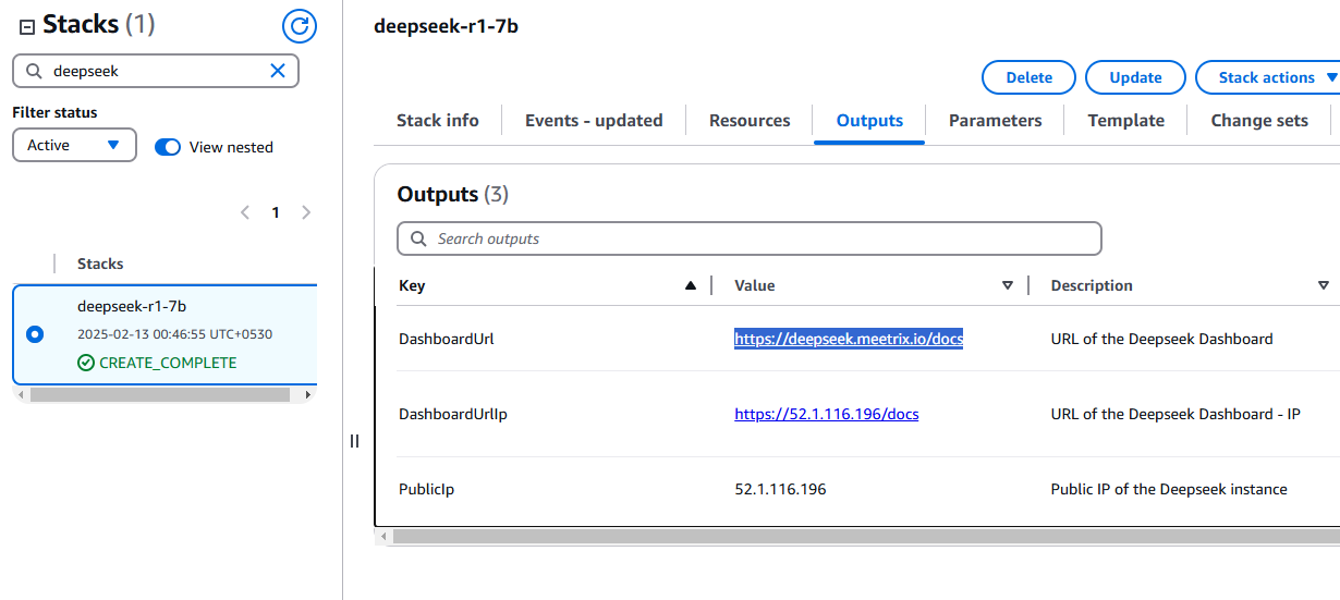 DashboardUrl and DashboardUrlIp in the CloudFormation Outputs tab