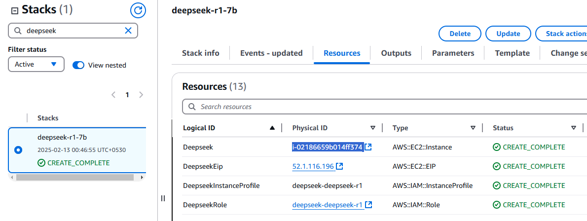 DeepSeek instance link in the CloudFormation Resources tab