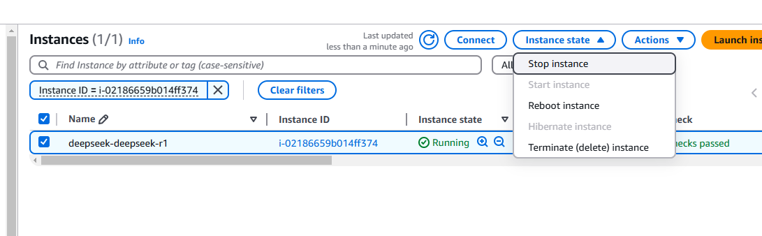 Stop instance option in the EC2 Instance state dropdown