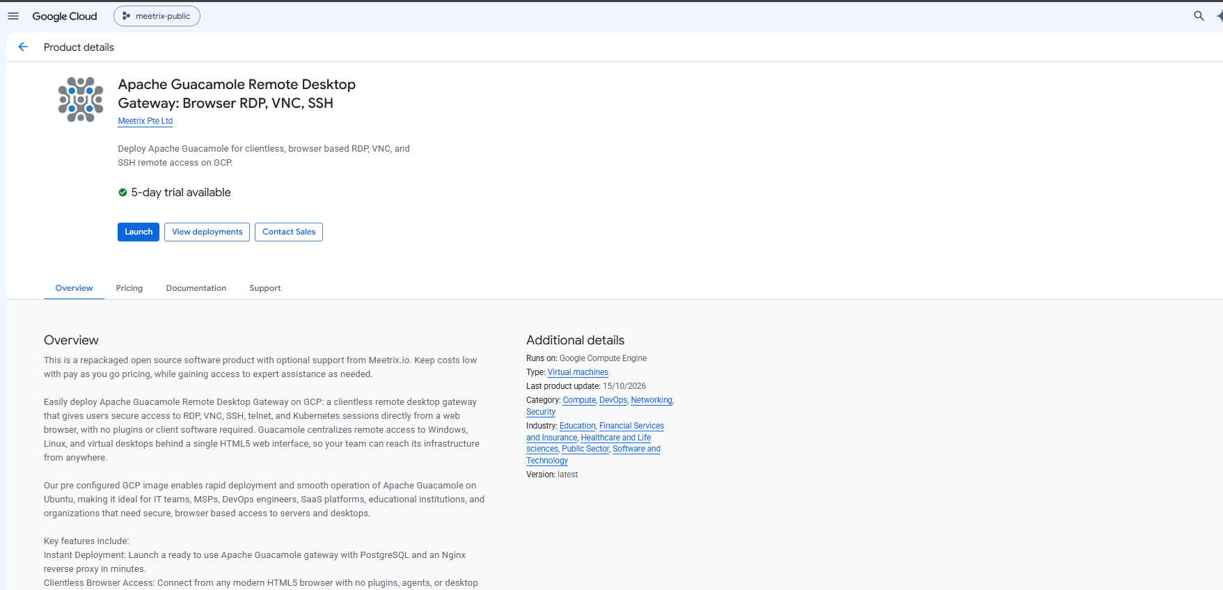 Apache Guacamole Remote Desktop Gateway: Browser RDP, VNC, SSH listing on GCP Marketplace by Meetrix Pte Ltd, showing the 5-day trial badge and the Launch button