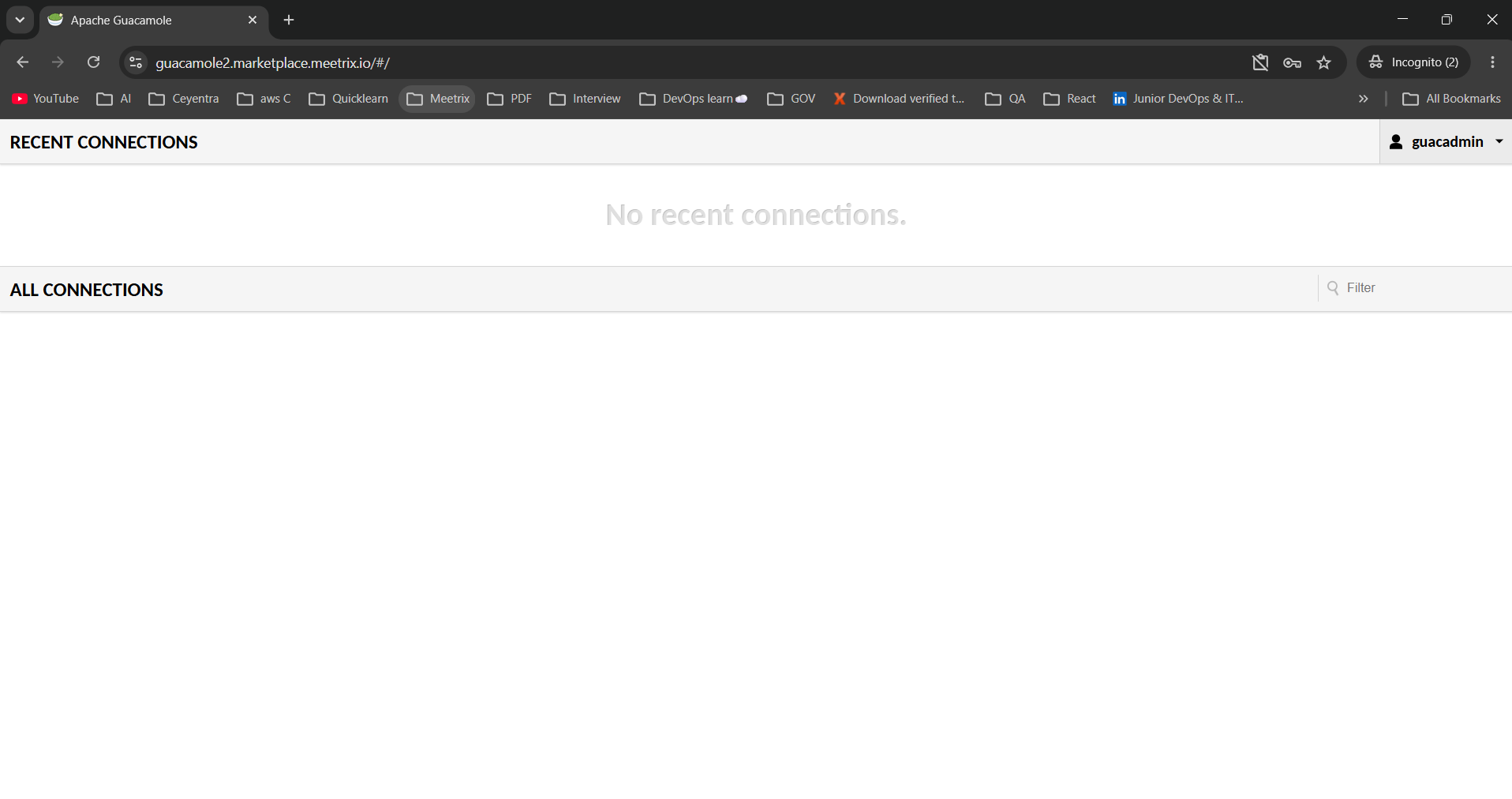 Guacamole home page logged in as guacadmin, with empty Recent Connections and All Connections lists
