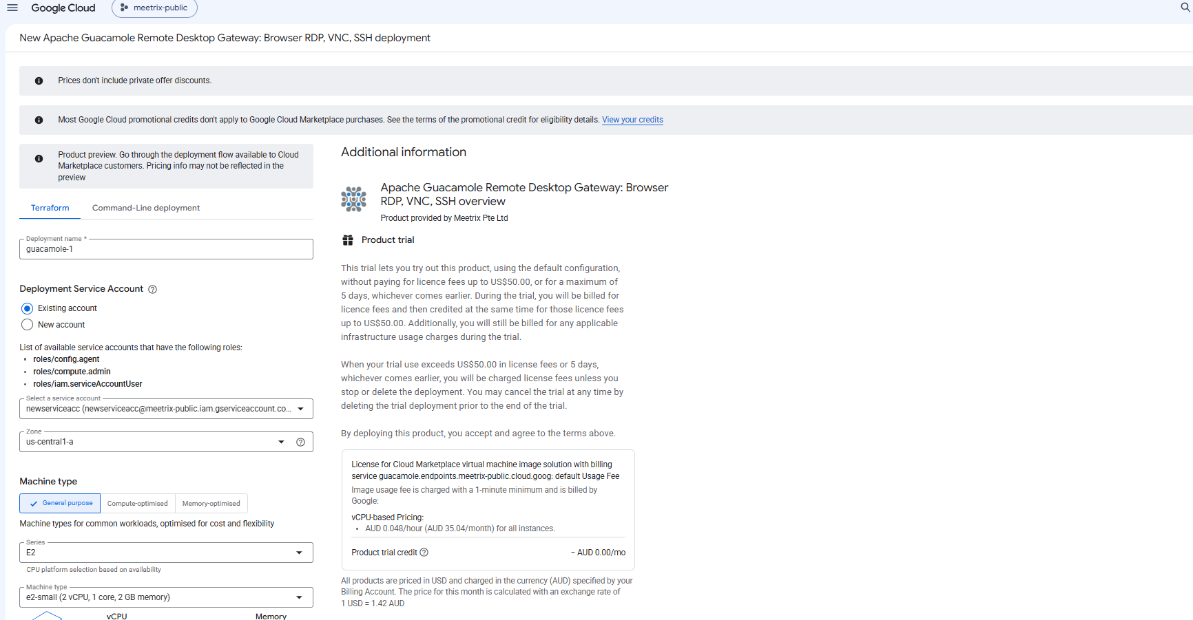 New Apache Guacamole Remote Desktop Gateway deployment form on GCP showing the deployment name guacamole-1, an existing deployment service account, the zone us-central1-a, the e2-small machine type, and the product trial terms