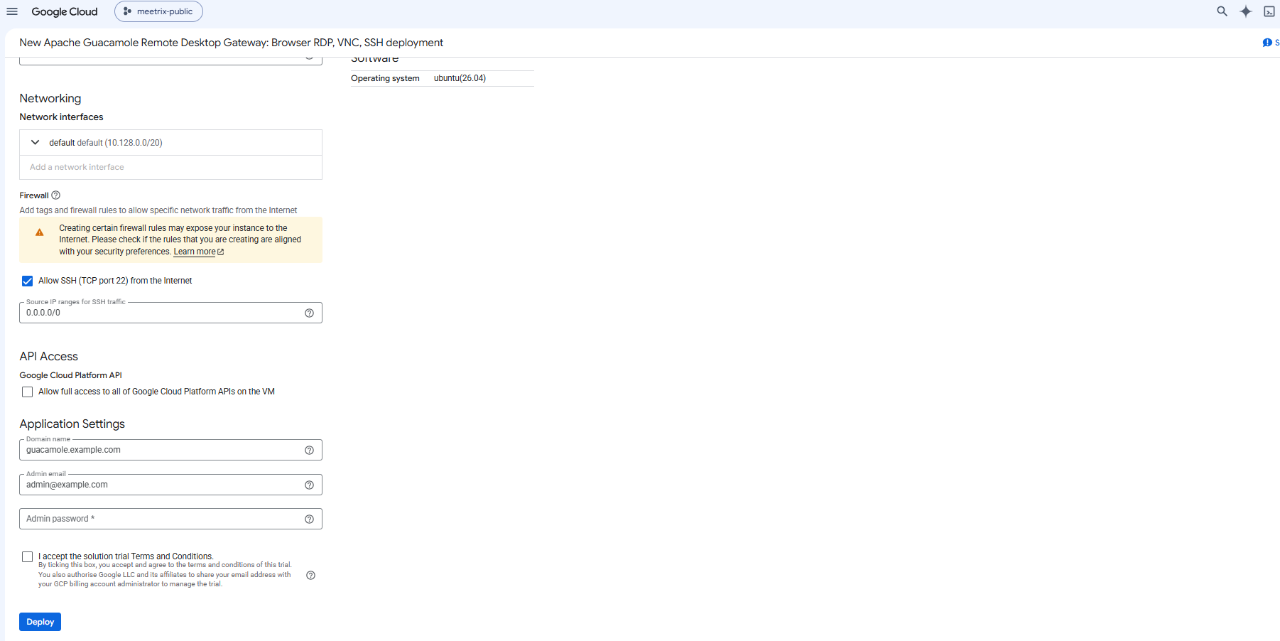 Lower half of the Guacamole GCP deployment form with the firewall settings, API access, and the Application Settings fields for domain name, admin email and admin password, above the trial checkbox and the Deploy button