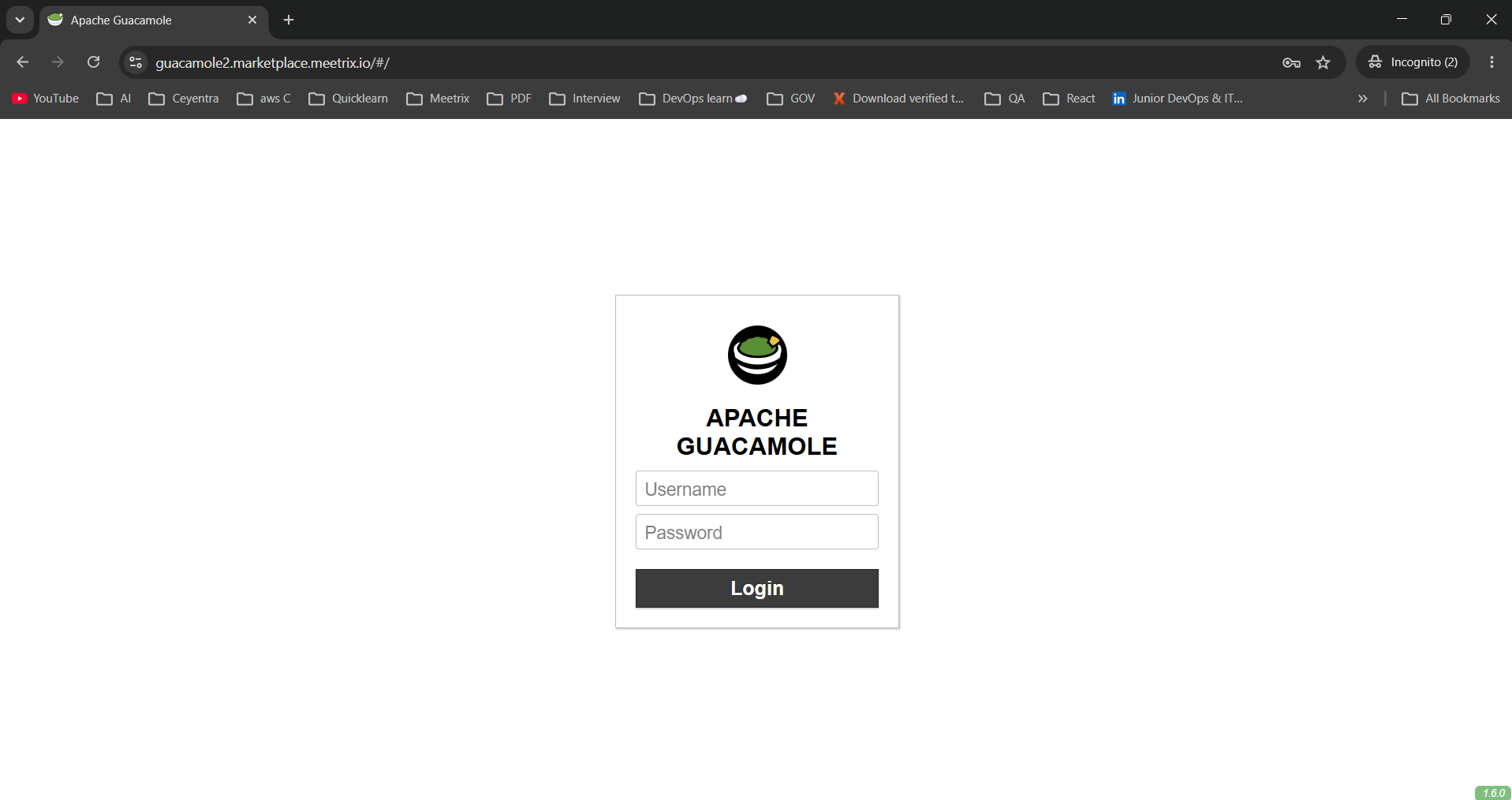 Apache Guacamole 1.6.0 login page with Username and Password fields, served on a custom domain