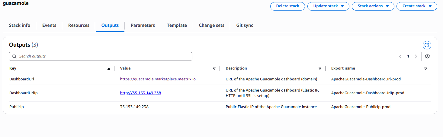 Guacamole CloudFormation stack Outputs tab listing DashboardUrl, DashboardUrlIp and PublicIp