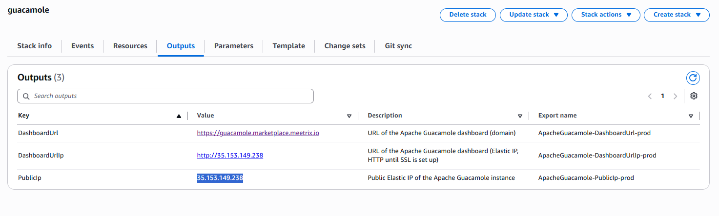 PublicIp Elastic IP value highlighted in the Guacamole stack Outputs tab