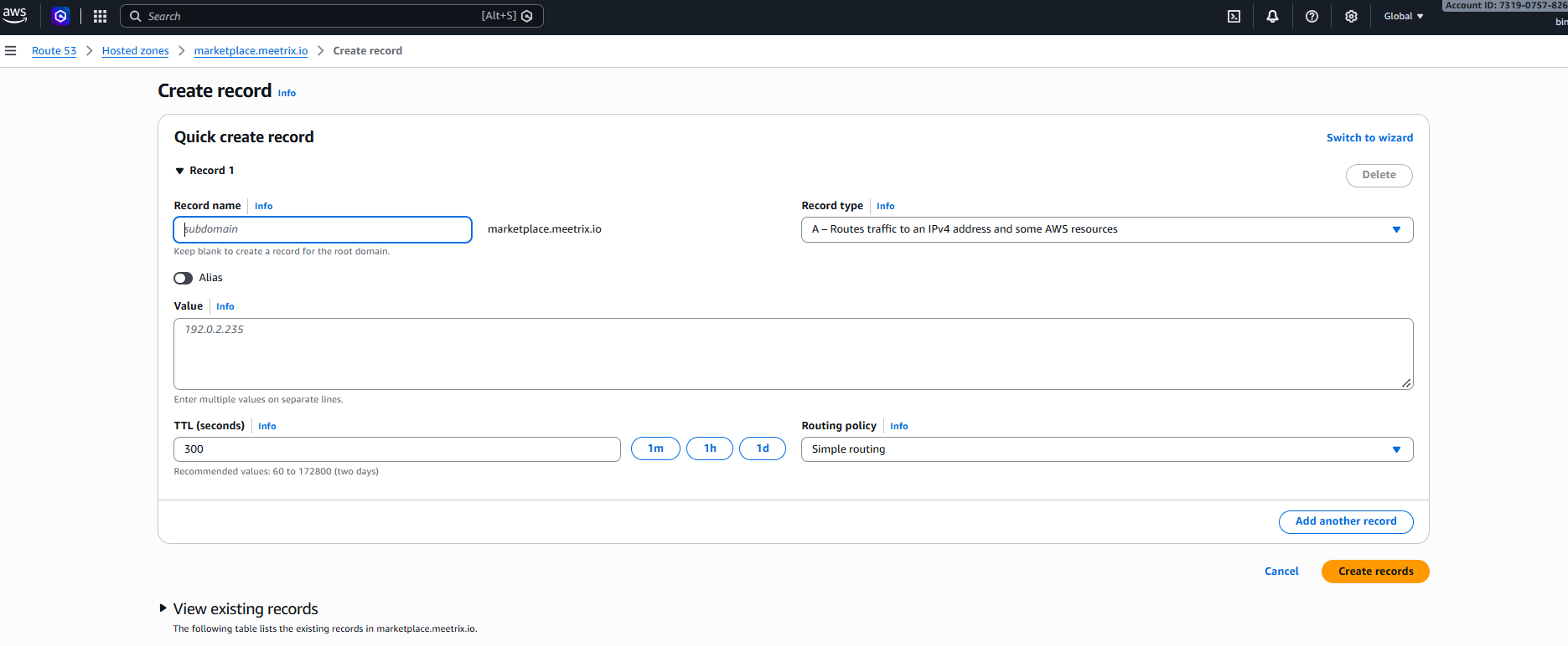 Route 53 Quick create record form with an A record for the Guacamole subdomain