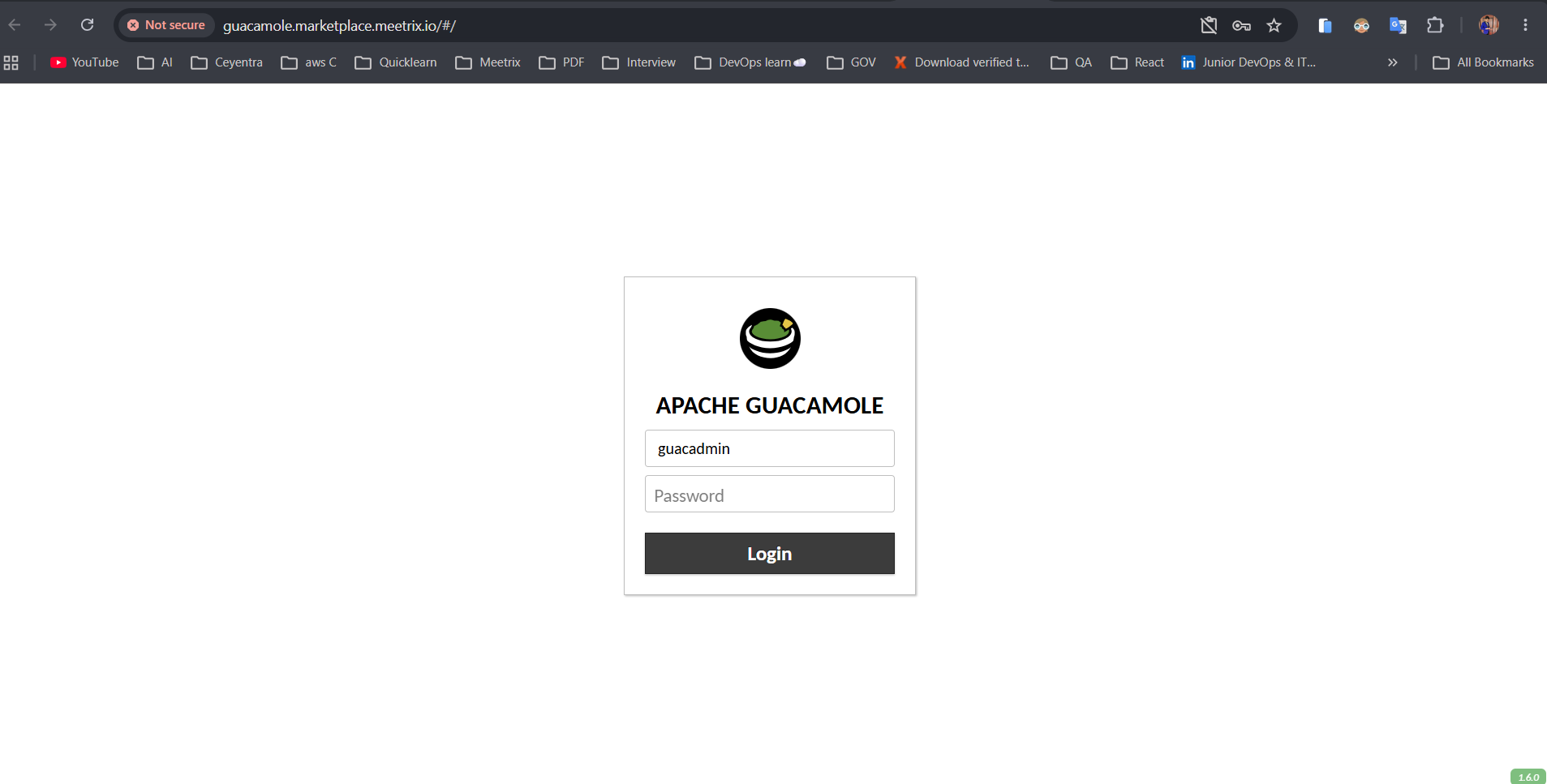 Apache Guacamole 1.6.0 login page with the guacadmin username entered