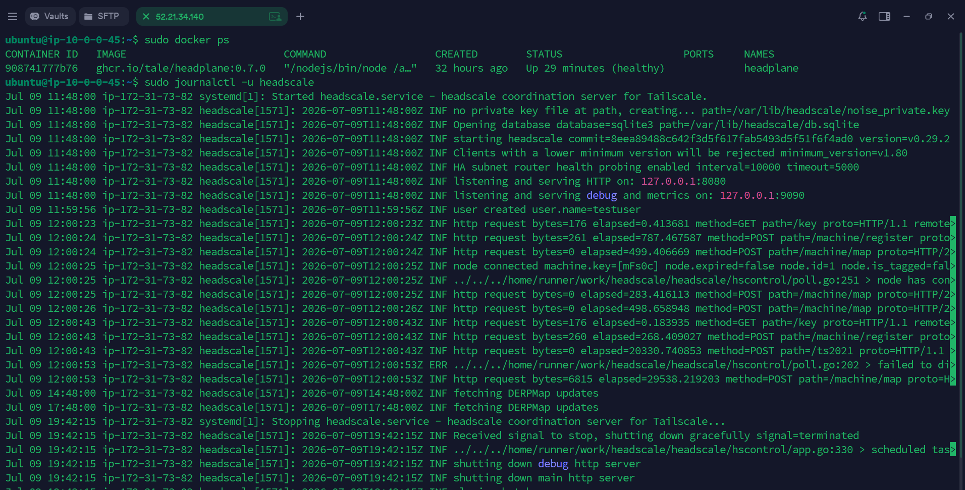 Headscale systemd service logs showing the coordination server starting up and handling client requests