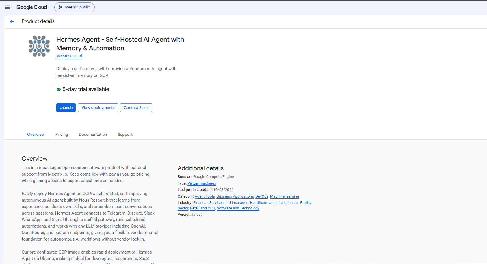 Hermes Agent Self-Hosted AI Agent with Memory and Automation product details page on GCP Marketplace showing the Launch button and 5-day trial availability