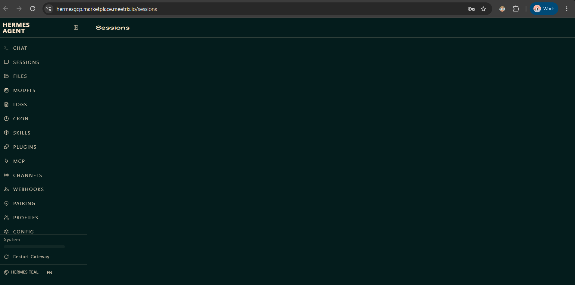 Hermes Agent web dashboard Sessions page accessed over HTTPS on the configured domain, showing the full sidebar navigation