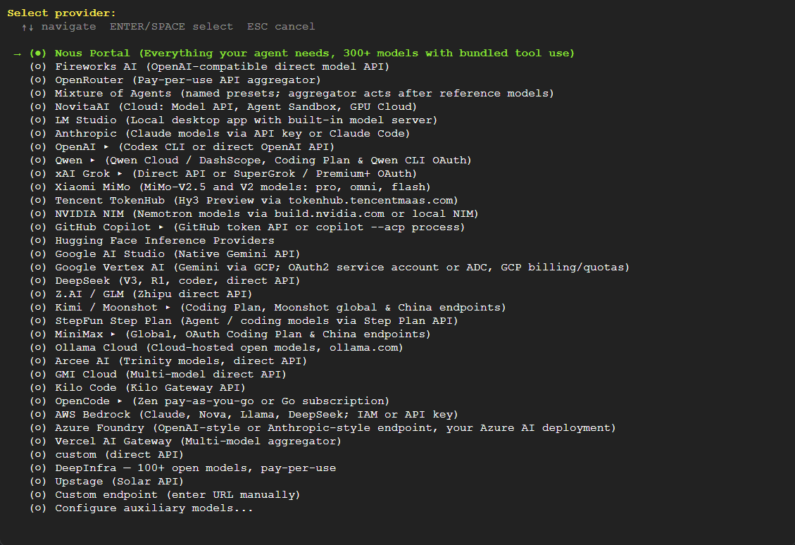 Hermes Agent CLI provider selection menu listing Nous Portal, Fireworks AI, OpenRouter, Anthropic, OpenAI, and other LLM providers