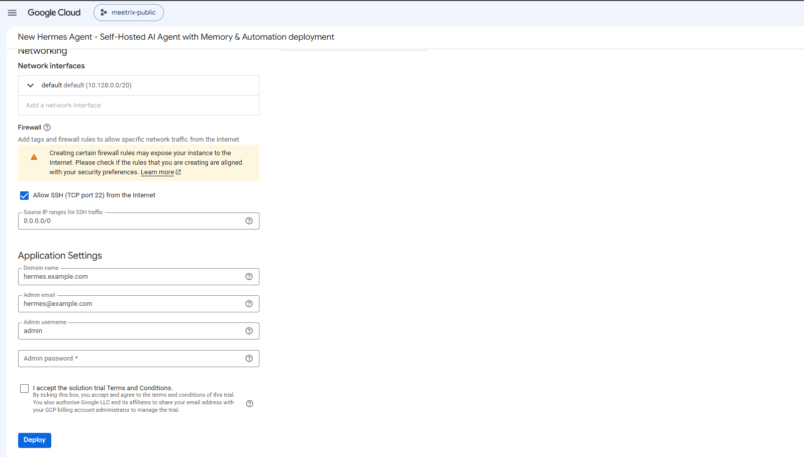 Hermes Agent GCP Application Settings form showing domain name, admin email, admin username, and admin password fields with the Deploy button