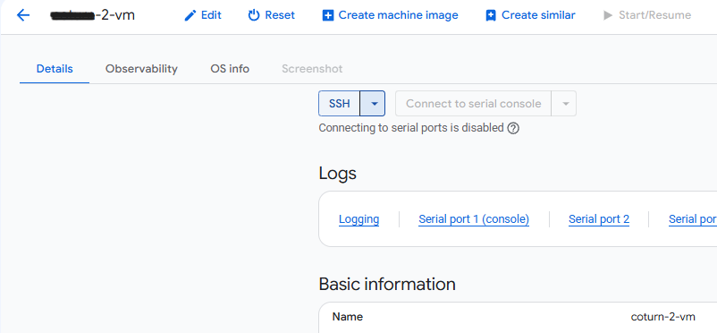GCP VM instance details page with the SSH button and Logs section for viewing serial console output