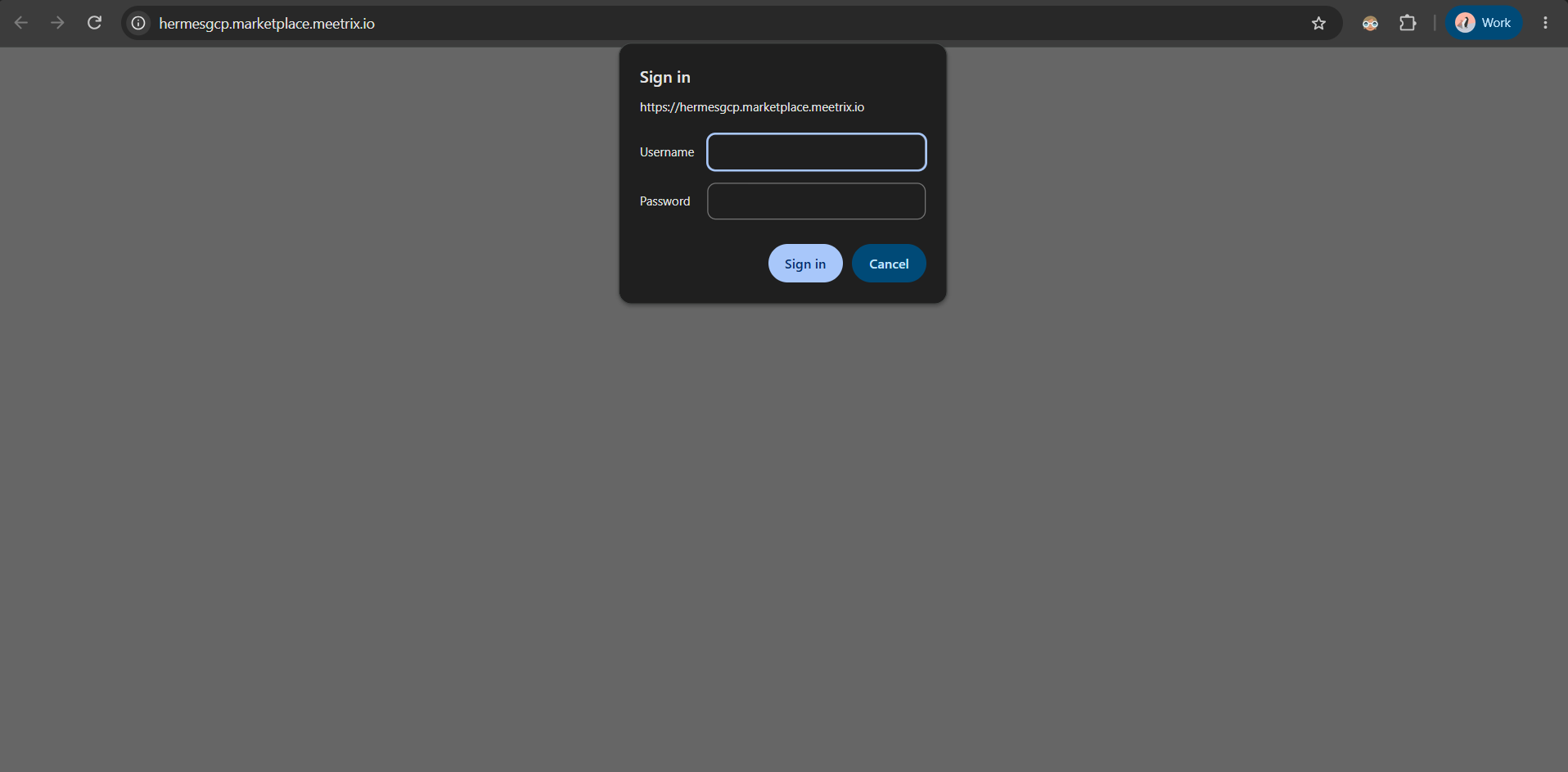 Browser HTTP Basic Auth sign-in dialog for the Hermes Agent domain, prompting for the admin username and password