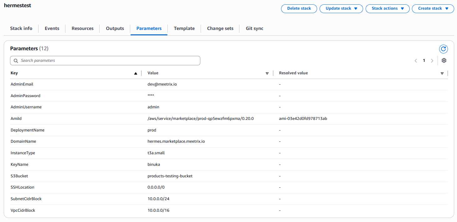CloudFormation stack Parameters tab listing AdminEmail, AdminUsername, DomainName, InstanceType, KeyName, S3Bucket, and other Hermes Agent stack parameters