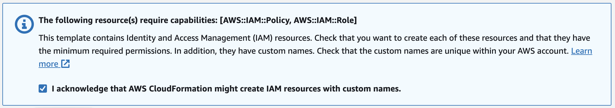 AWS CloudFormation IAM capabilities acknowledgement checkbox required before submitting the Hermes Agent stack