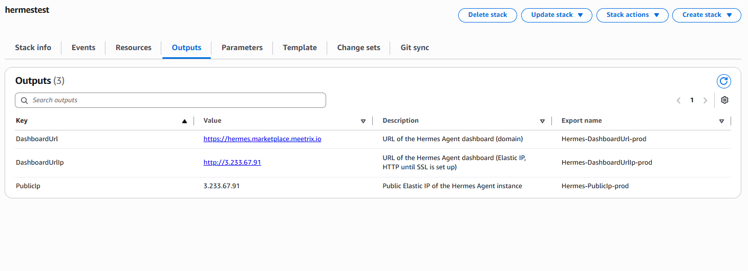 CloudFormation Outputs tab showing DashboardUrl, DashboardUrlIp, and PublicIp values for the Hermes Agent stack