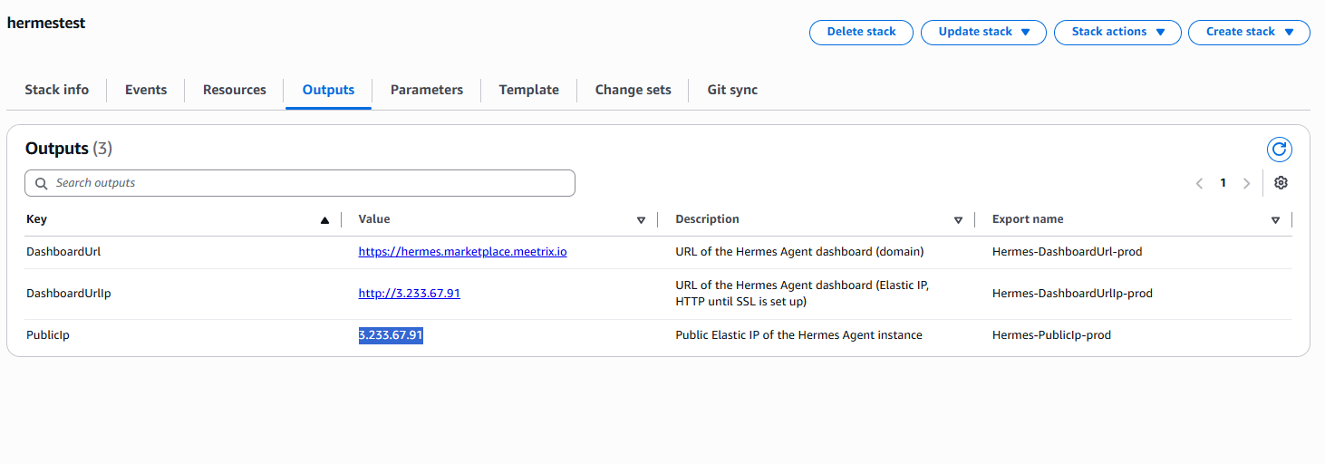 Copying the PublicIp value from the CloudFormation Outputs tab