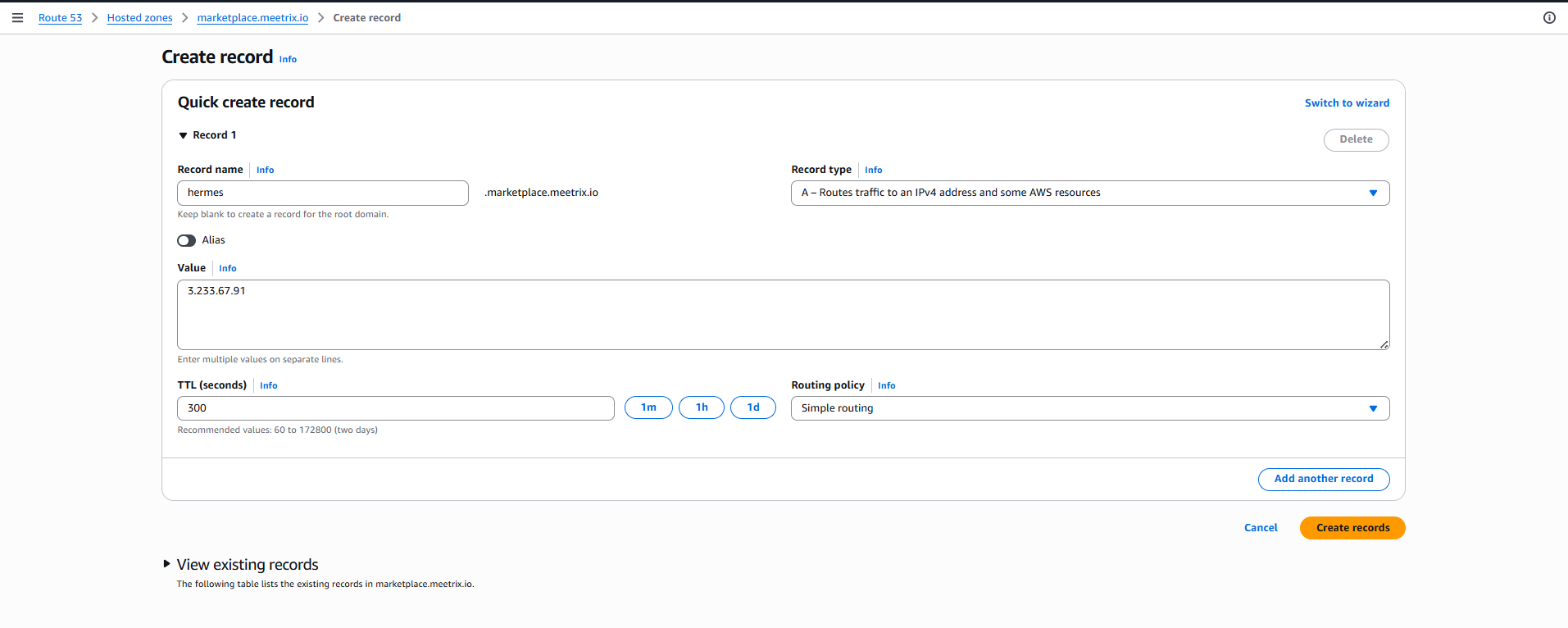 Creating an A record in AWS Route 53 pointing the hermes subdomain to the stack's public IP