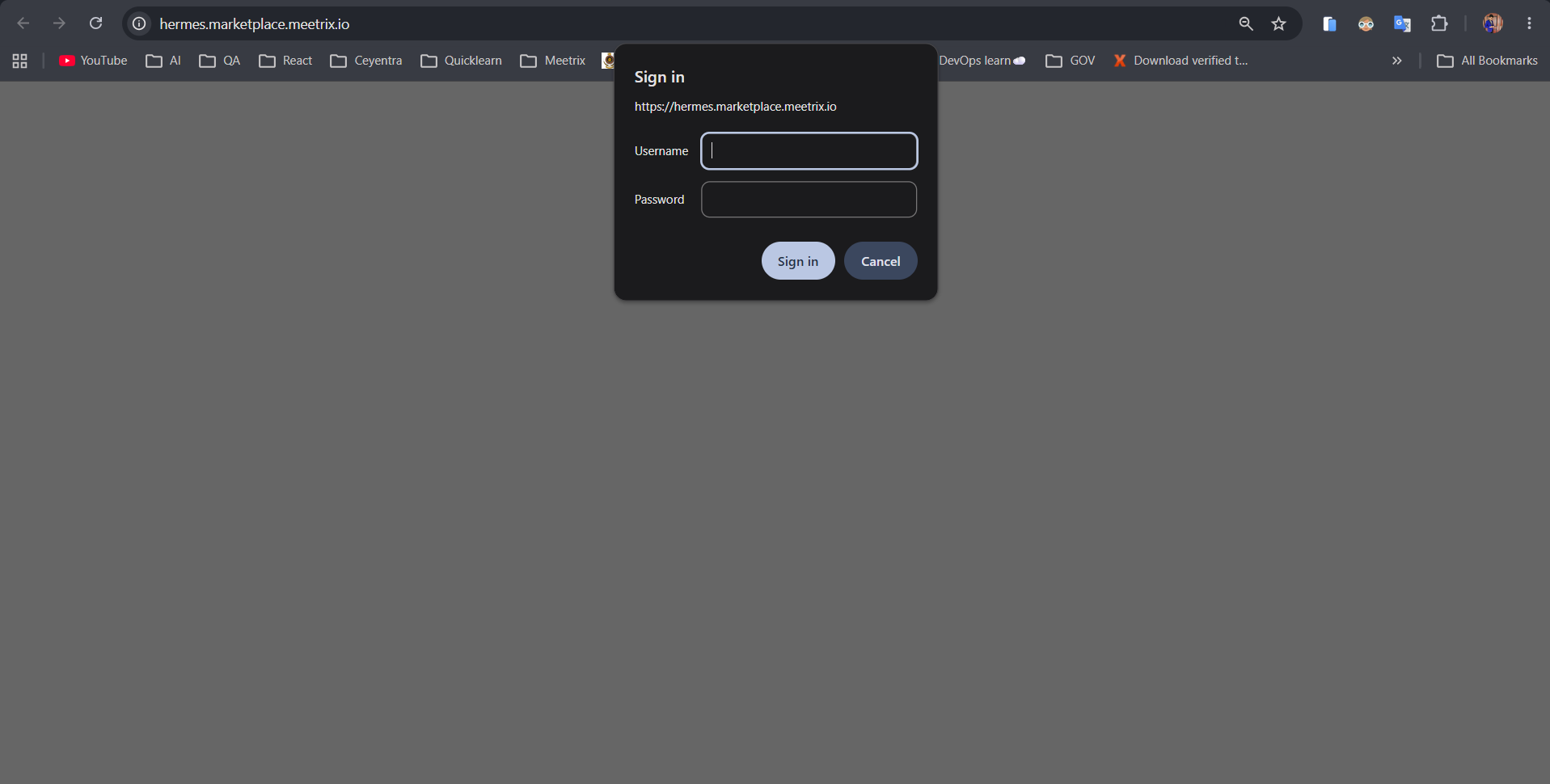 Browser HTTP Basic Auth sign-in dialog for the Hermes Agent domain, prompting for the admin username and password