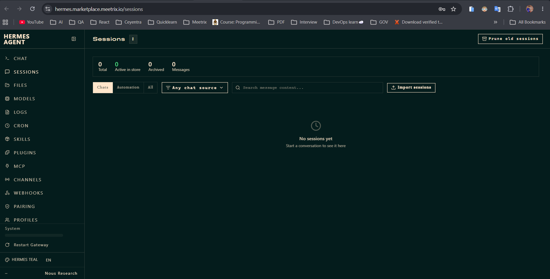 Hermes Agent web dashboard Sessions page showing the full sidebar navigation with Chat, Files, Models, Logs, Cron, Channels, and other sections
