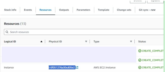CloudFormation Resources tab showing the Instance resource link to open the underlying EC2 instance
