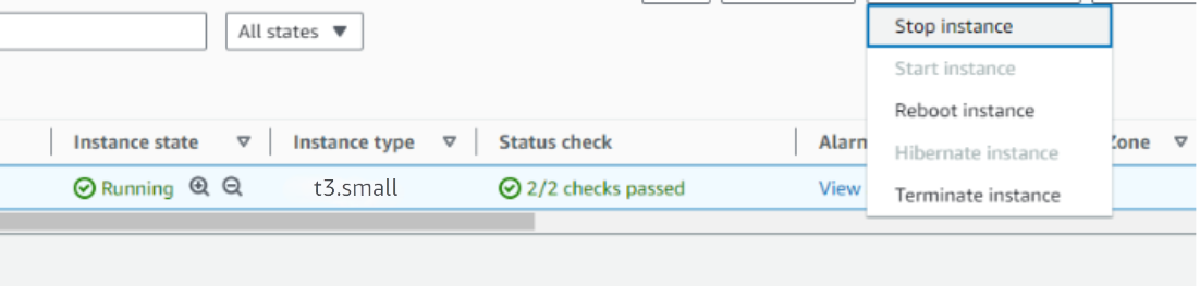 EC2 Instance state dropdown with the Stop instance option for the running Hermes Agent instance