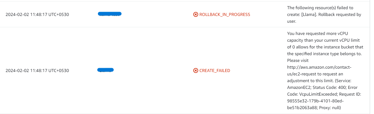 CloudFormation stack events showing a CREATE_FAILED error caused by VcpuLimitExceeded