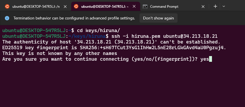 Terminal running ssh -i to connect to the Hermes Agent EC2 instance, prompting to confirm the host's authenticity before connecting