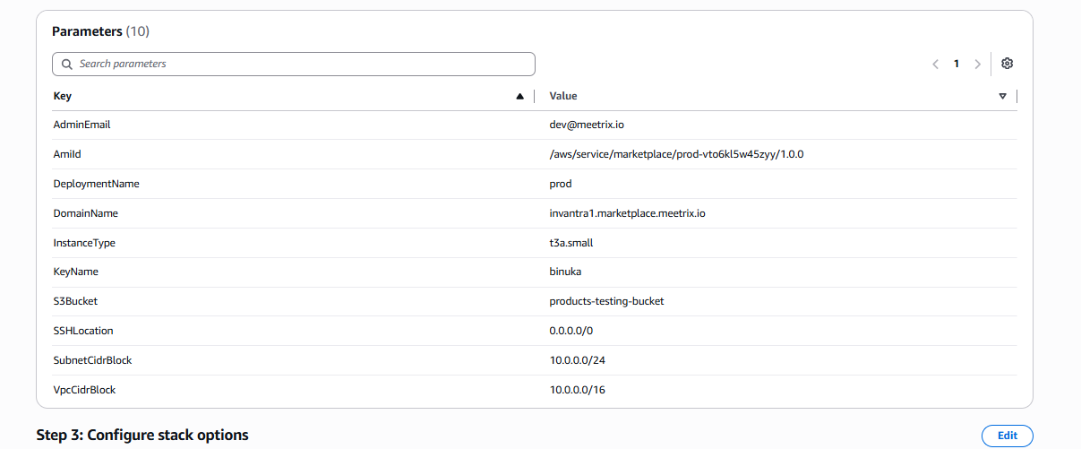 CloudFormation Parameters list for the Invantra stack showing AdminEmail, AmiId for version 1.0.0, DeploymentName, DomainName, InstanceType set to t3a.small, KeyName, S3Bucket, SSHLocation and CIDR blocks