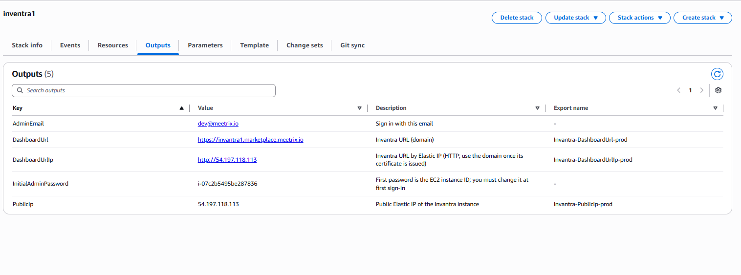Invantra CloudFormation stack Outputs tab listing AdminEmail, DashboardUrl, DashboardUrlIp, InitialAdminPassword and PublicIp
