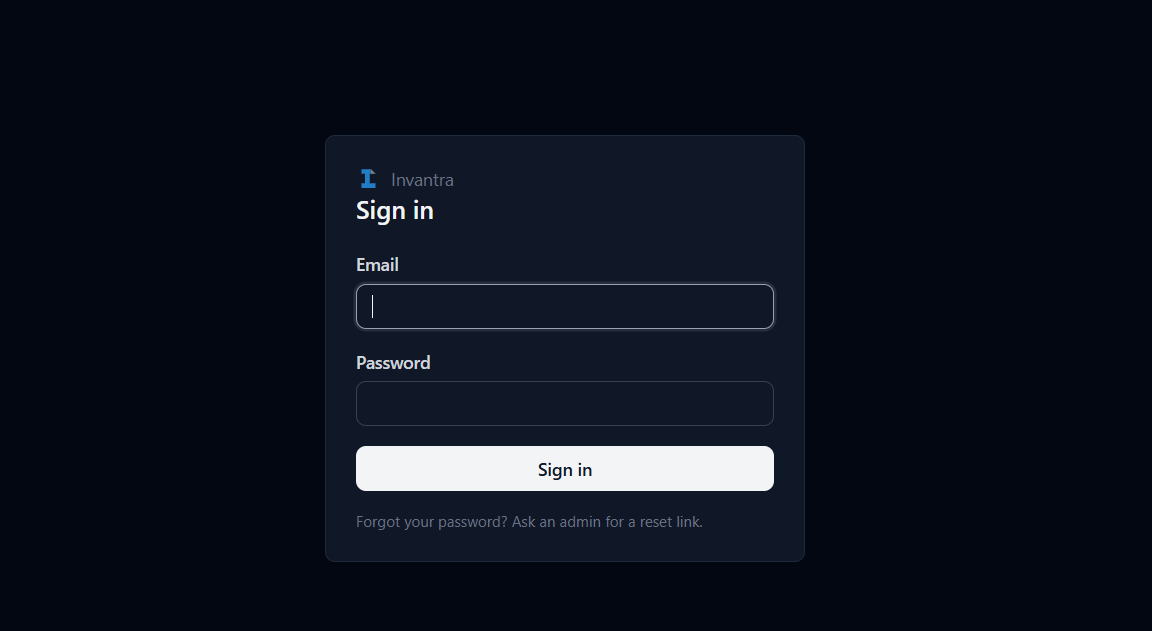 Invantra sign-in page with Email and Password fields