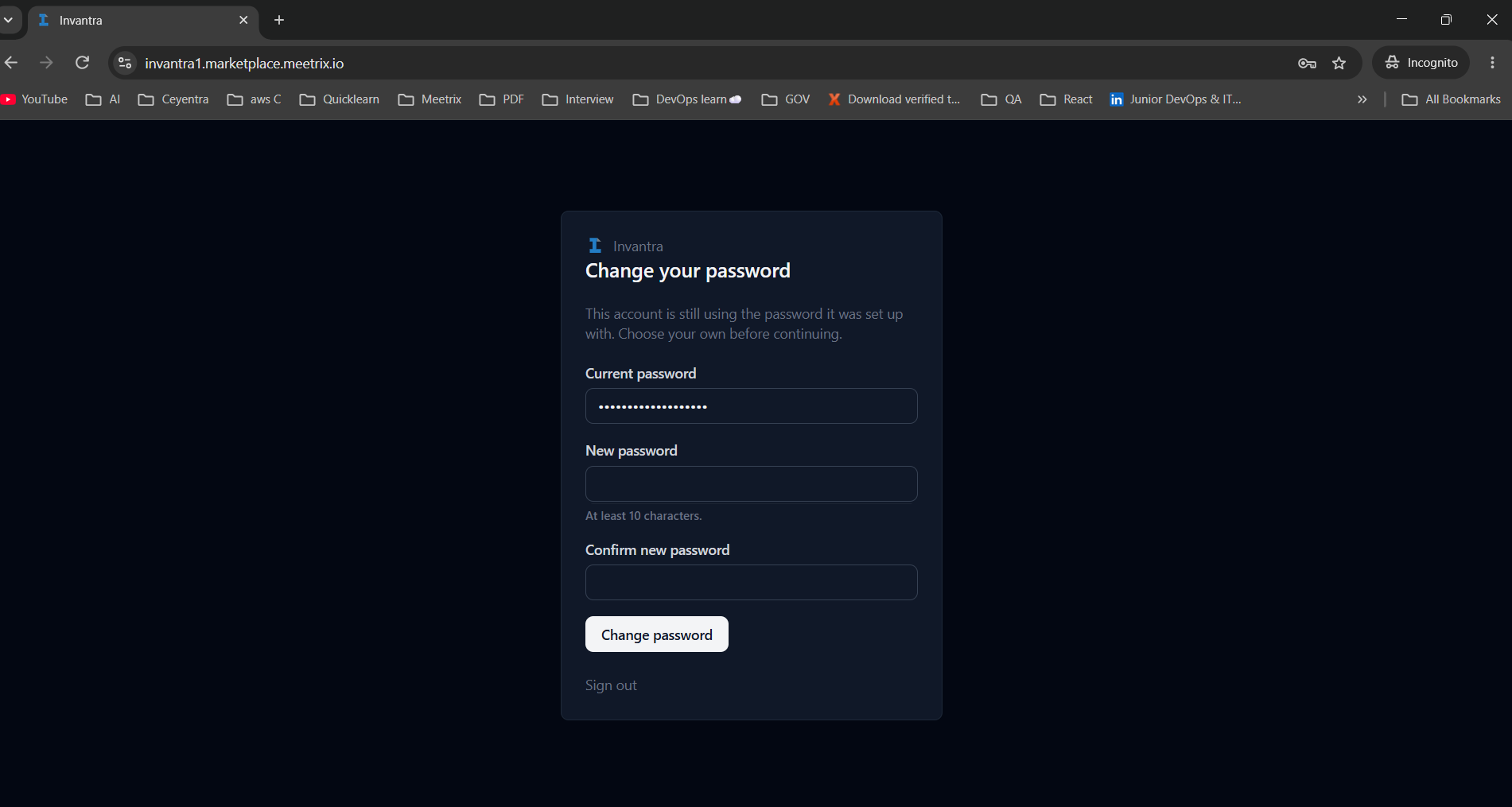 Invantra Change your password page asking for the current password and a new password of at least 10 characters