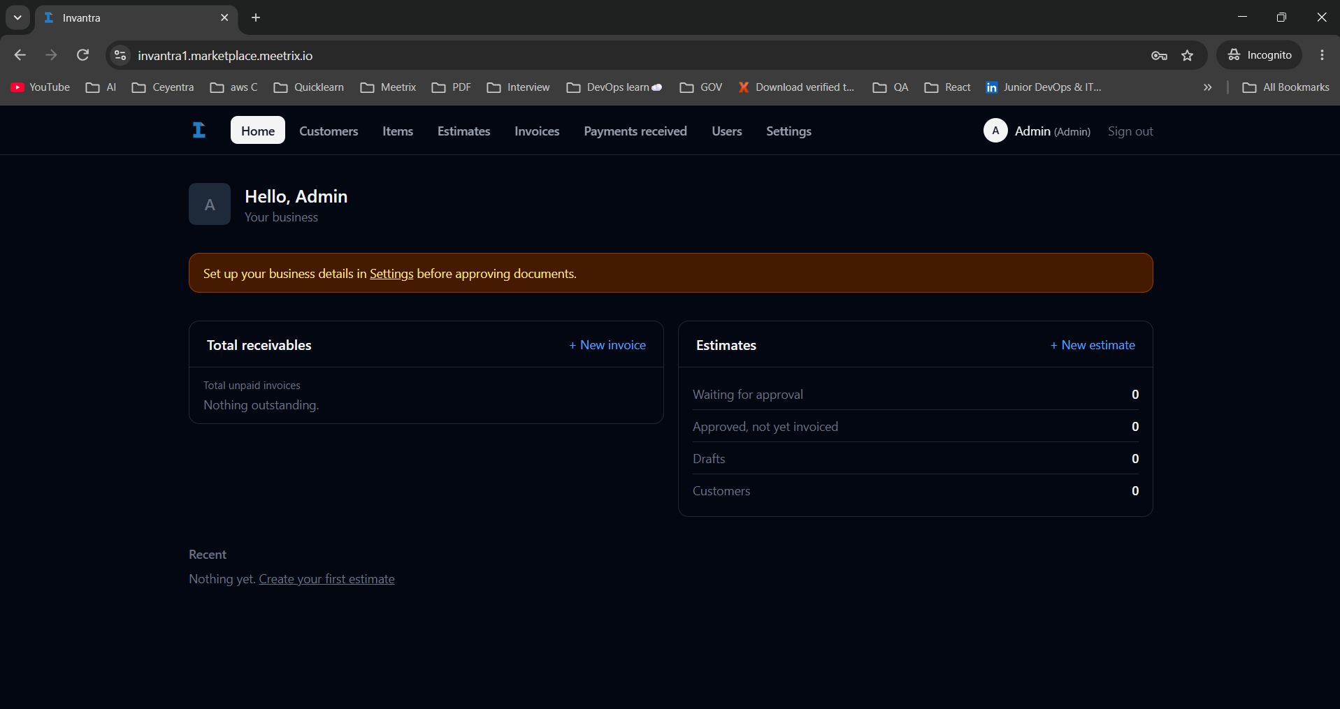 Invantra home page showing Total receivables, Estimates counts and a banner asking to set up business details in Settings