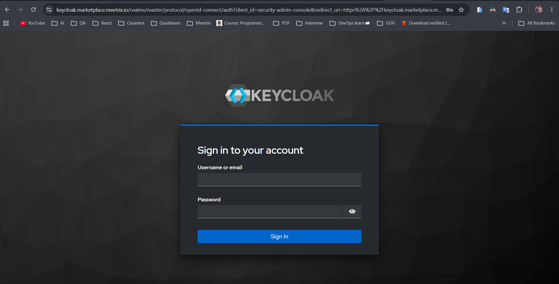 Keycloak admin console sign-in page