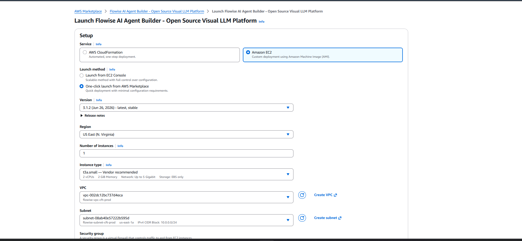 One-click launch configuration form showing instance type and VPC selection