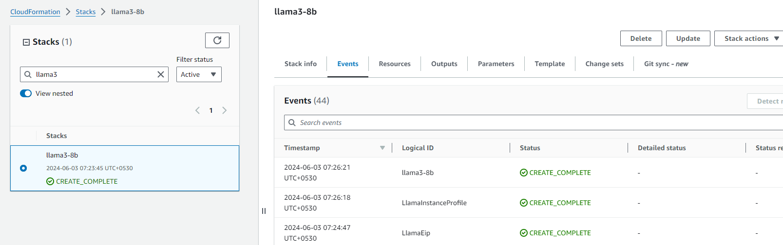 Llama 3 CloudFormation stack creation complete