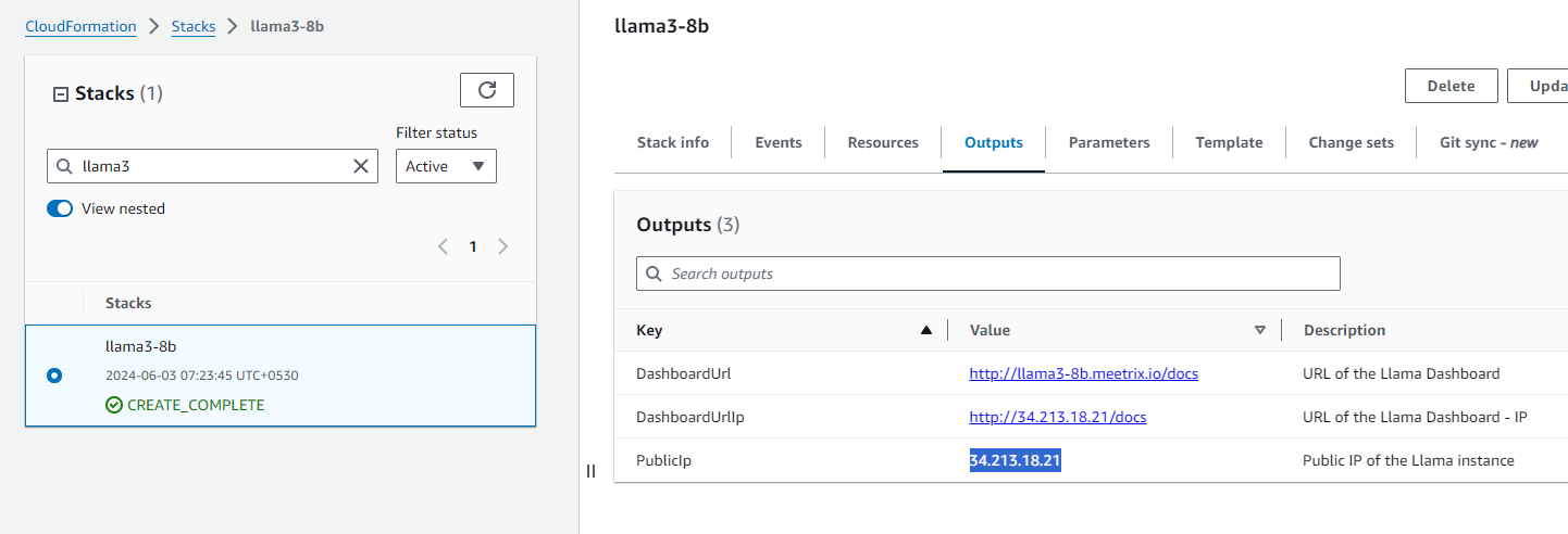 Copying the PublicIp from the Llama 4 CloudFormation Outputs tab