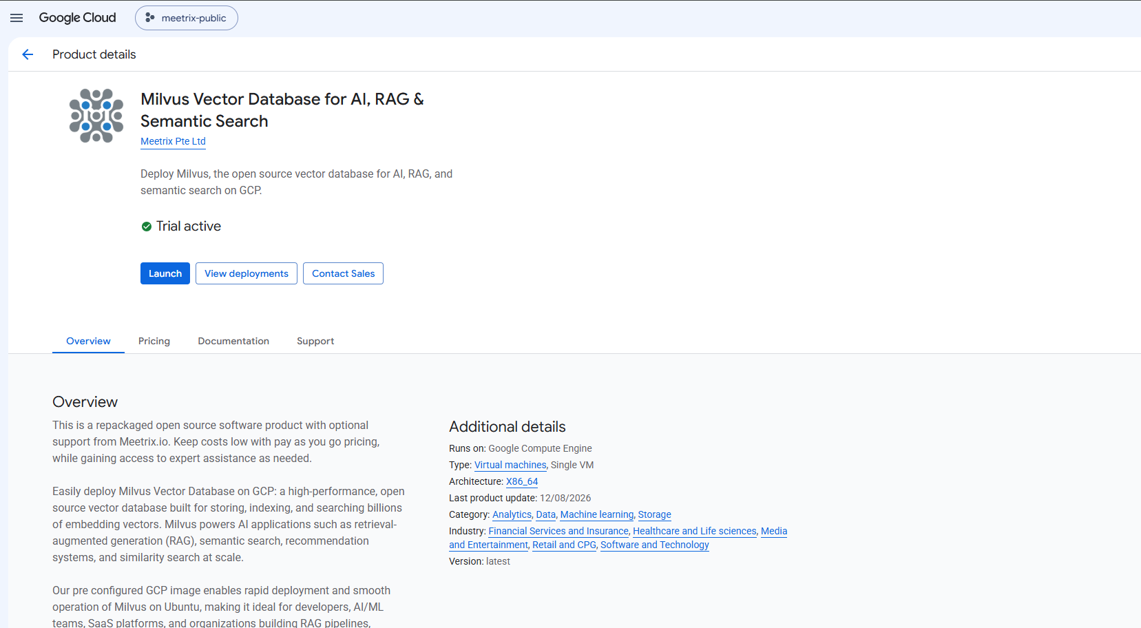Milvus Vector Database for AI, RAG and Semantic Search product details page on GCP Marketplace showing the Launch button