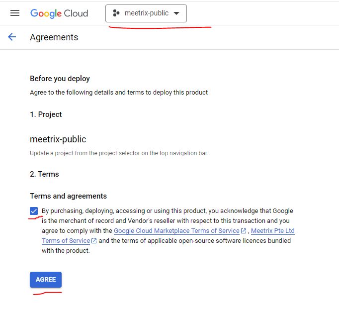 GCP Marketplace Agreements page with the terms and agreements checkbox and Agree button for the Milvus deployment